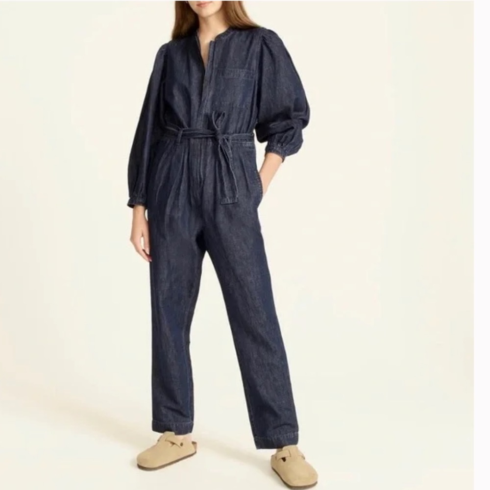 J Crew Puff-sleeve Denim Jumpsuit Linen/ Cotton Blend SZ 4 Small BA903 Darkwash